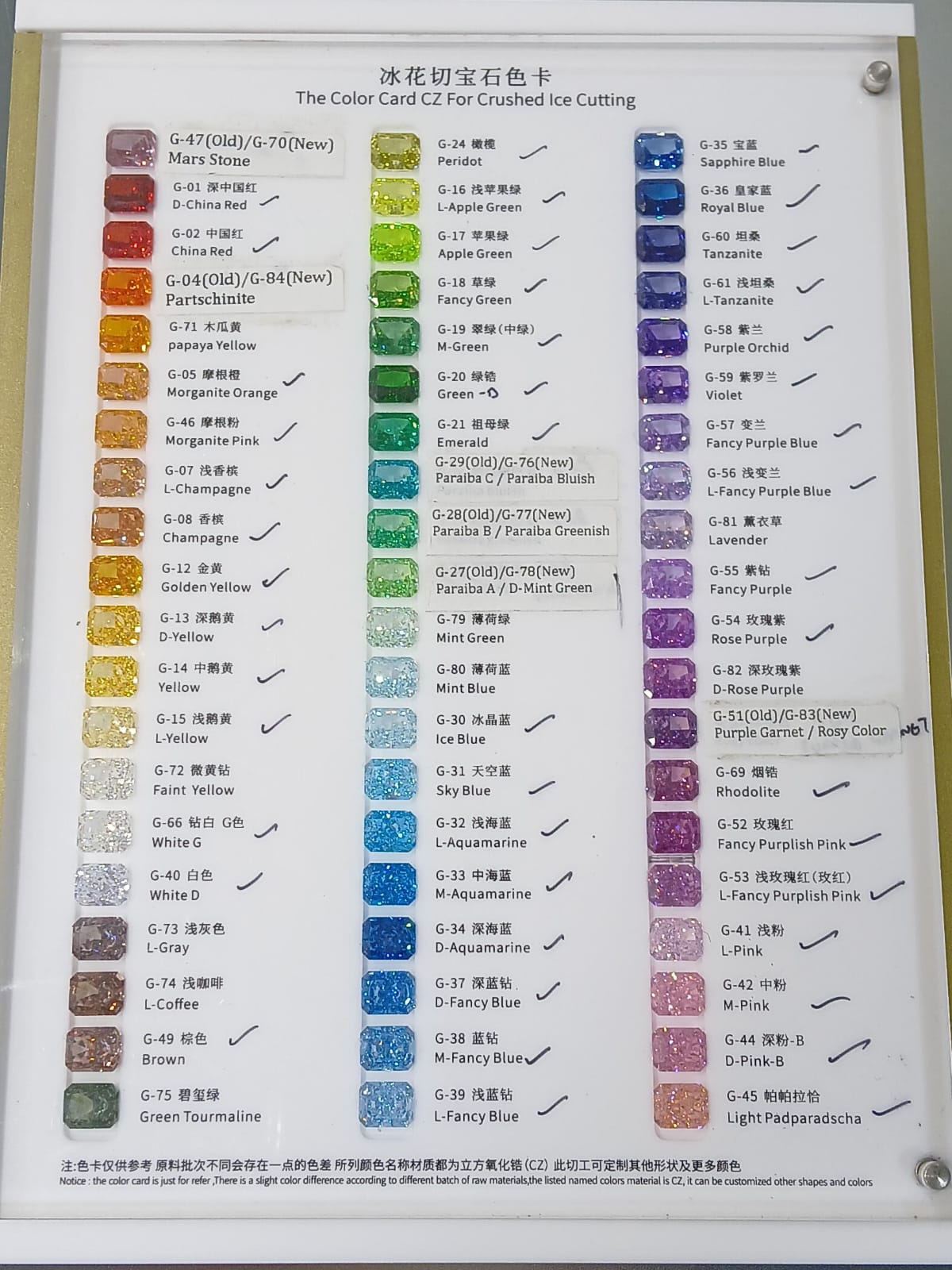 Ice Cut CZ colour card — full colour range with G-codes