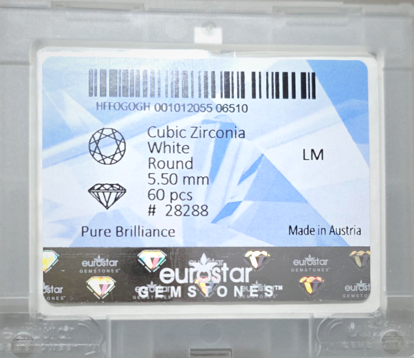 Genuine Eurostar sealed laser-engraved packet — Cubic Zirconia White Round